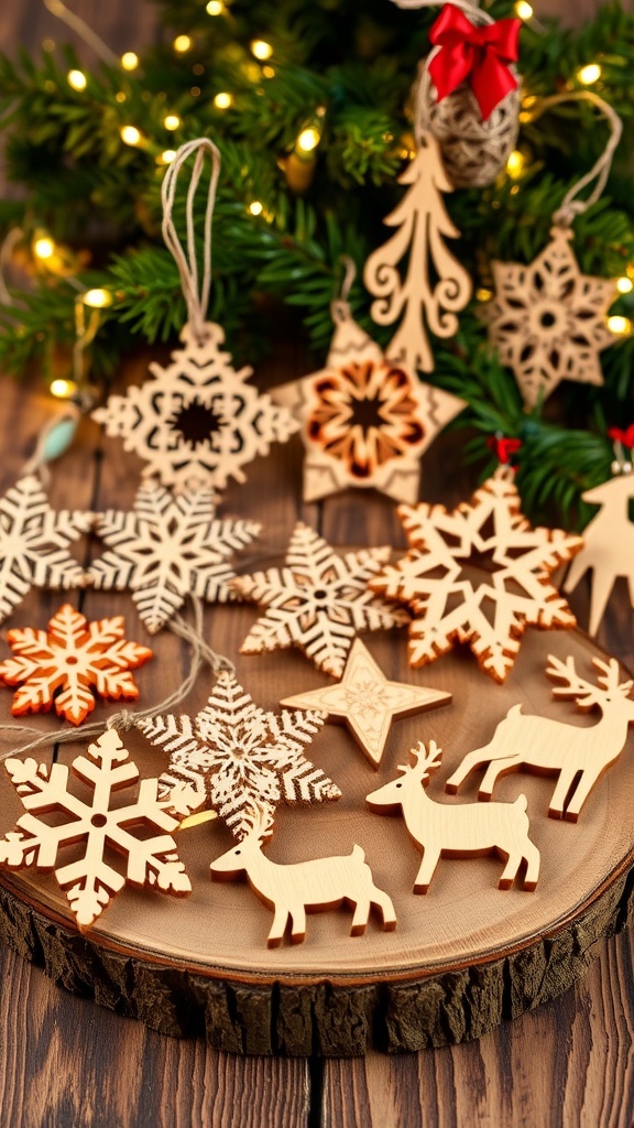 Laser Cut Christmas Ornaments Files Laser cut Christmas ornaments in various designs on a wooden table with festive decorations.
